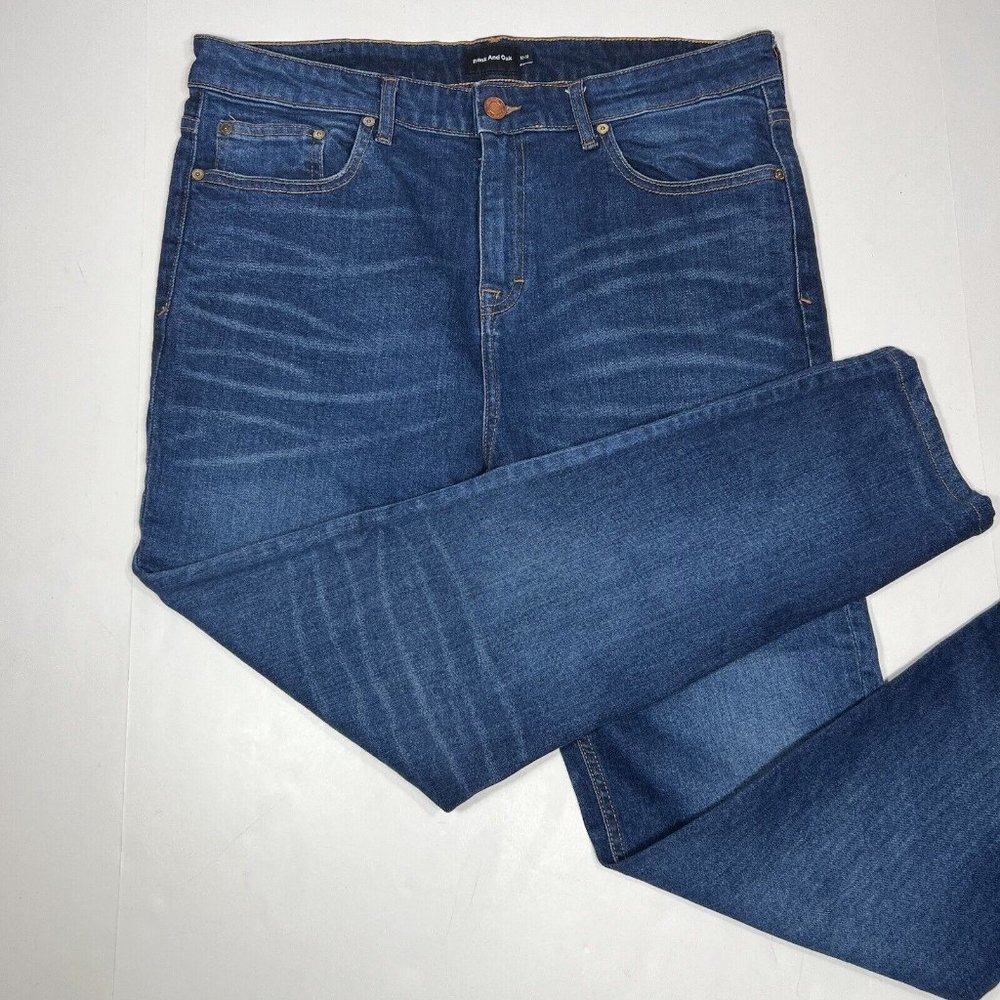 Frank And Oak Jeans Sz tag 33X32 Iggy Tapered Dark Wash Blue Denim High Rise EUC